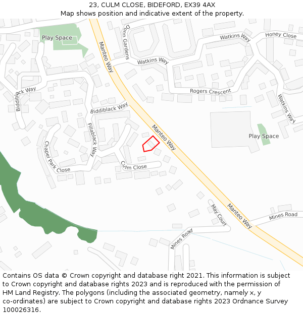 23, CULM CLOSE, BIDEFORD, EX39 4AX: Location map and indicative extent of plot