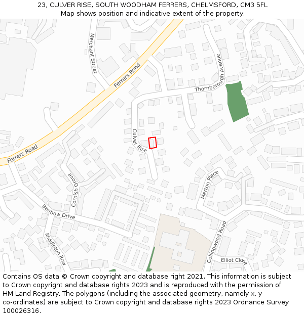 23, CULVER RISE, SOUTH WOODHAM FERRERS, CHELMSFORD, CM3 5FL: Location map and indicative extent of plot