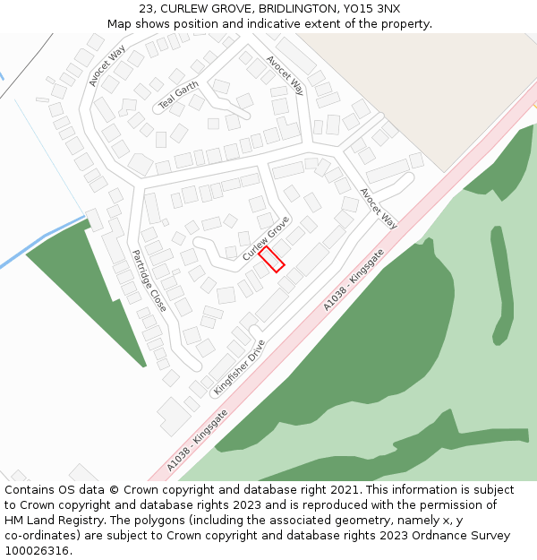23, CURLEW GROVE, BRIDLINGTON, YO15 3NX: Location map and indicative extent of plot