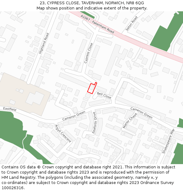 23, CYPRESS CLOSE, TAVERHAM, NORWICH, NR8 6QG: Location map and indicative extent of plot