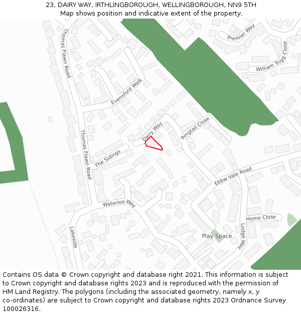 23, DAIRY WAY, IRTHLINGBOROUGH, WELLINGBOROUGH, NN9 5TH: Location map and indicative extent of plot