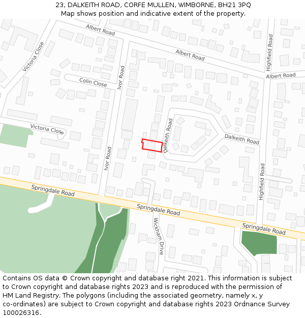 23, DALKEITH ROAD, CORFE MULLEN, WIMBORNE, BH21 3PQ: Location map and indicative extent of plot