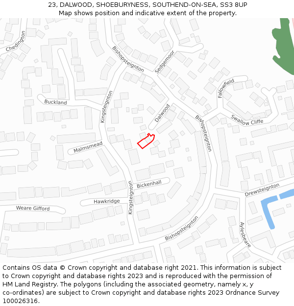 23, DALWOOD, SHOEBURYNESS, SOUTHEND-ON-SEA, SS3 8UP: Location map and indicative extent of plot