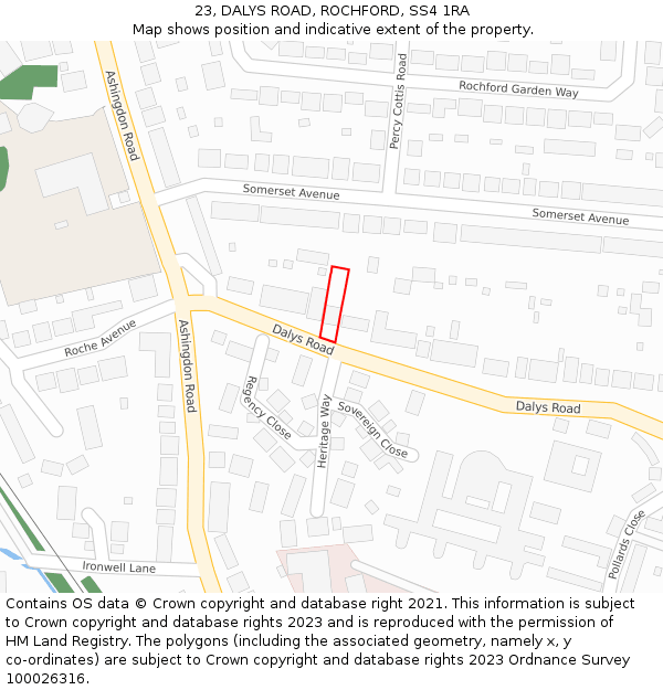 23, DALYS ROAD, ROCHFORD, SS4 1RA: Location map and indicative extent of plot
