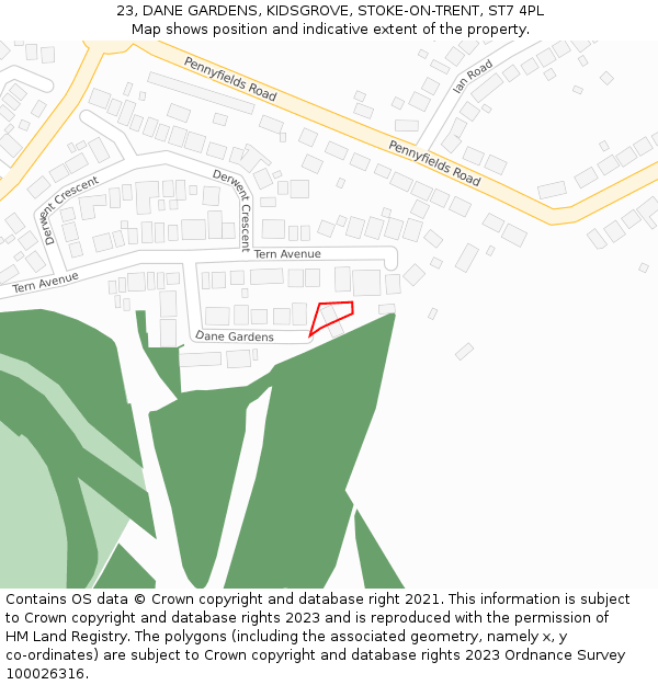 23, DANE GARDENS, KIDSGROVE, STOKE-ON-TRENT, ST7 4PL: Location map and indicative extent of plot