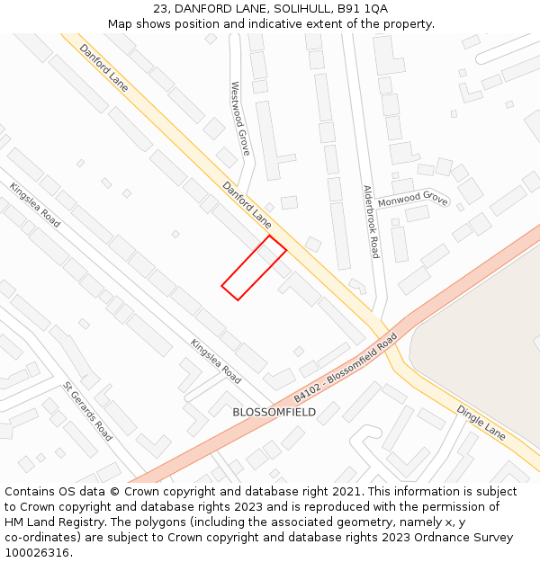 23, DANFORD LANE, SOLIHULL, B91 1QA: Location map and indicative extent of plot