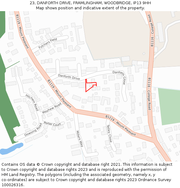 23, DANFORTH DRIVE, FRAMLINGHAM, WOODBRIDGE, IP13 9HH: Location map and indicative extent of plot