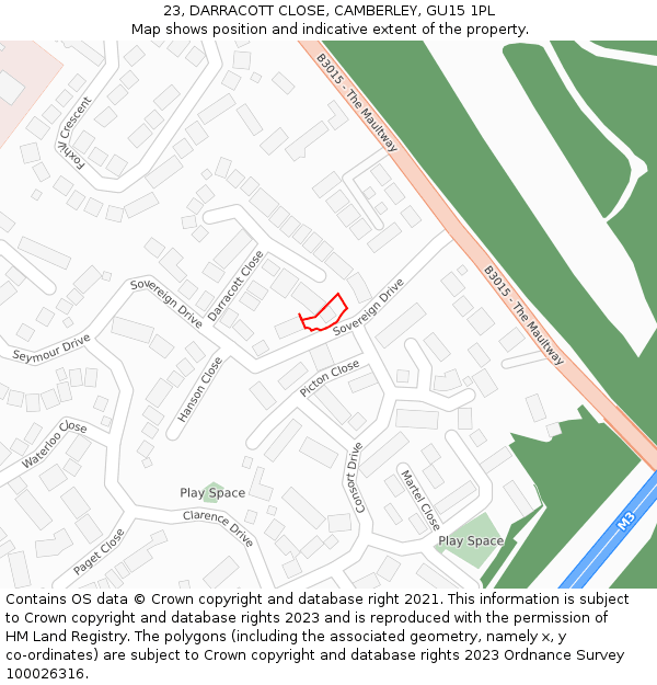 23, DARRACOTT CLOSE, CAMBERLEY, GU15 1PL: Location map and indicative extent of plot