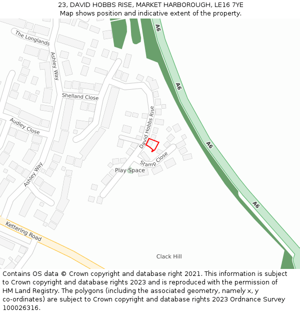 23, DAVID HOBBS RISE, MARKET HARBOROUGH, LE16 7YE: Location map and indicative extent of plot