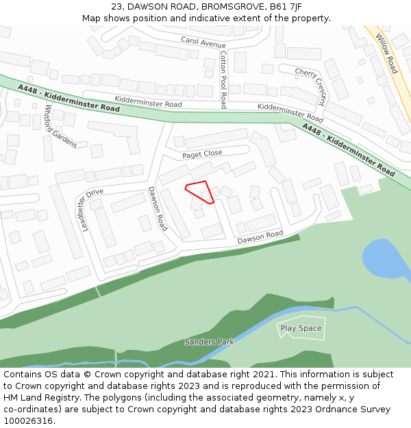 23, DAWSON ROAD, BROMSGROVE, B61 7JF: Location map and indicative extent of plot