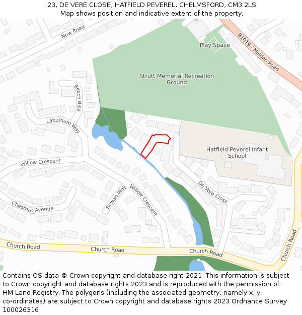 23, DE VERE CLOSE, HATFIELD PEVEREL, CHELMSFORD, CM3 2LS: Location map and indicative extent of plot