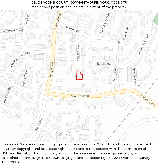23, DEACONS COURT, COPMANTHORPE, YORK, YO23 3TR: Location map and indicative extent of plot
