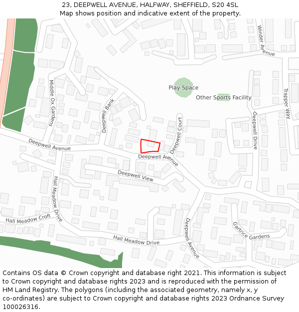 23, DEEPWELL AVENUE, HALFWAY, SHEFFIELD, S20 4SL: Location map and indicative extent of plot