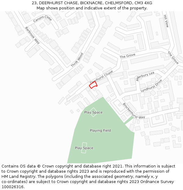 23, DEERHURST CHASE, BICKNACRE, CHELMSFORD, CM3 4XG: Location map and indicative extent of plot