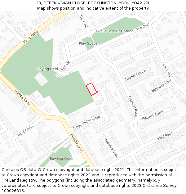 23, DEREK VIVIAN CLOSE, POCKLINGTON, YORK, YO42 2PL: Location map and indicative extent of plot