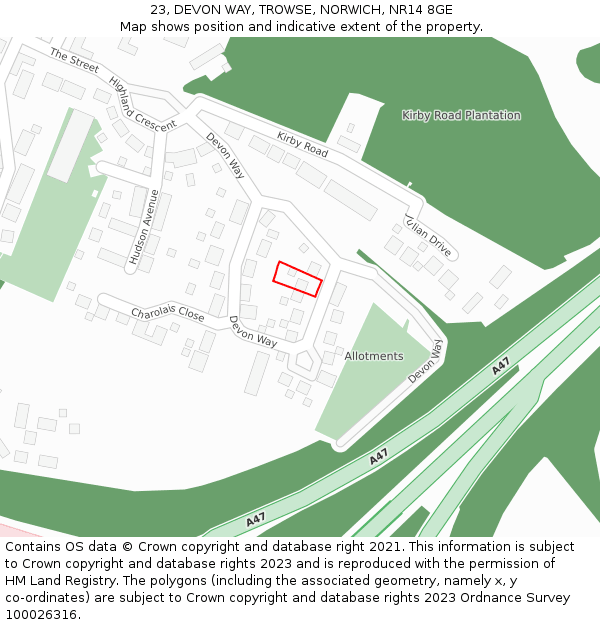 23, DEVON WAY, TROWSE, NORWICH, NR14 8GE: Location map and indicative extent of plot