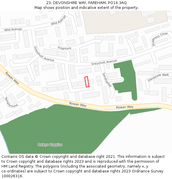 23, DEVONSHIRE WAY, FAREHAM, PO14 3AQ: Location map and indicative extent of plot