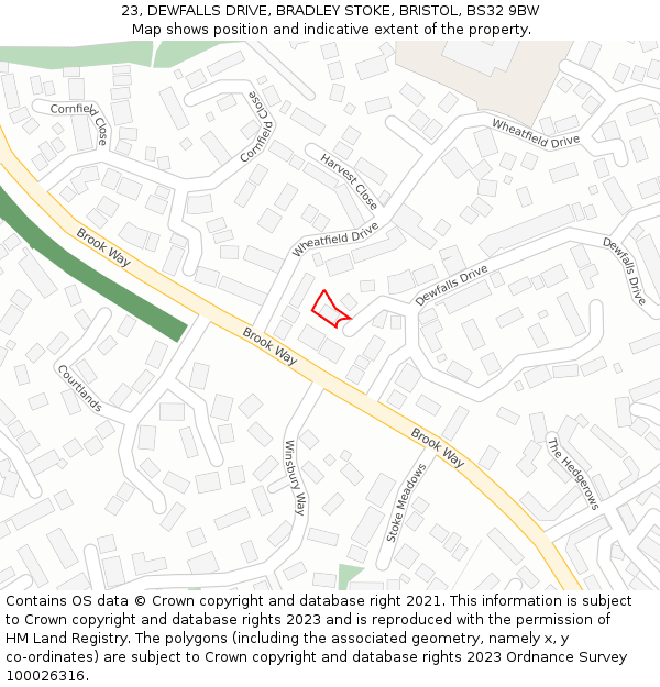 23, DEWFALLS DRIVE, BRADLEY STOKE, BRISTOL, BS32 9BW: Location map and indicative extent of plot