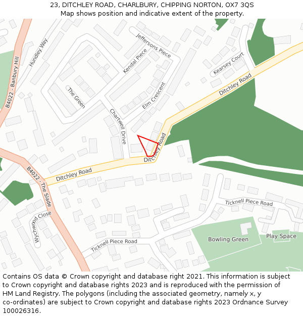 23, DITCHLEY ROAD, CHARLBURY, CHIPPING NORTON, OX7 3QS: Location map and indicative extent of plot