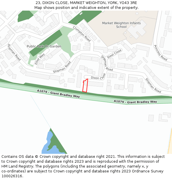 23, DIXON CLOSE, MARKET WEIGHTON, YORK, YO43 3RE: Location map and indicative extent of plot