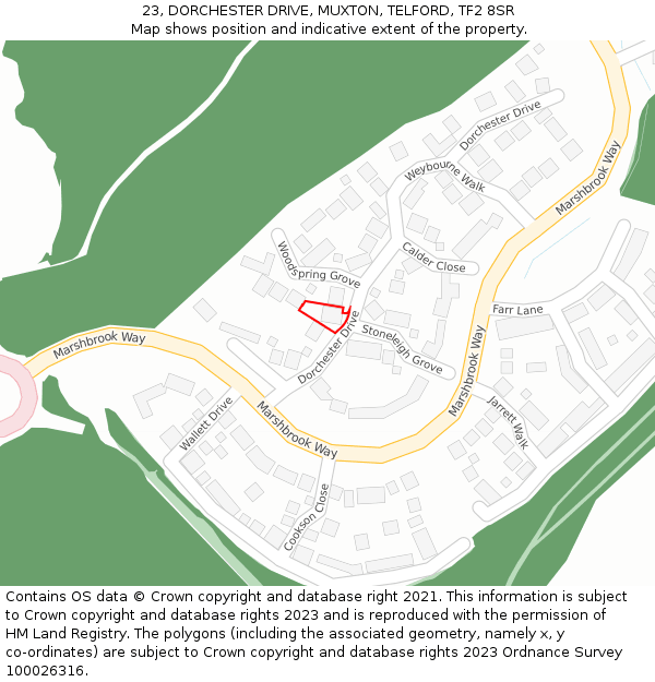 23, DORCHESTER DRIVE, MUXTON, TELFORD, TF2 8SR: Location map and indicative extent of plot