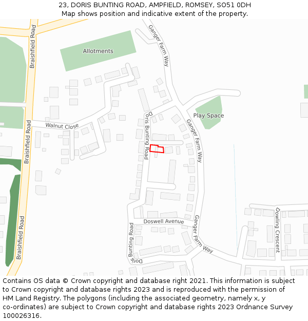 23, DORIS BUNTING ROAD, AMPFIELD, ROMSEY, SO51 0DH: Location map and indicative extent of plot