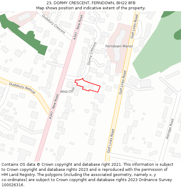 23, DORMY CRESCENT, FERNDOWN, BH22 8FB: Location map and indicative extent of plot