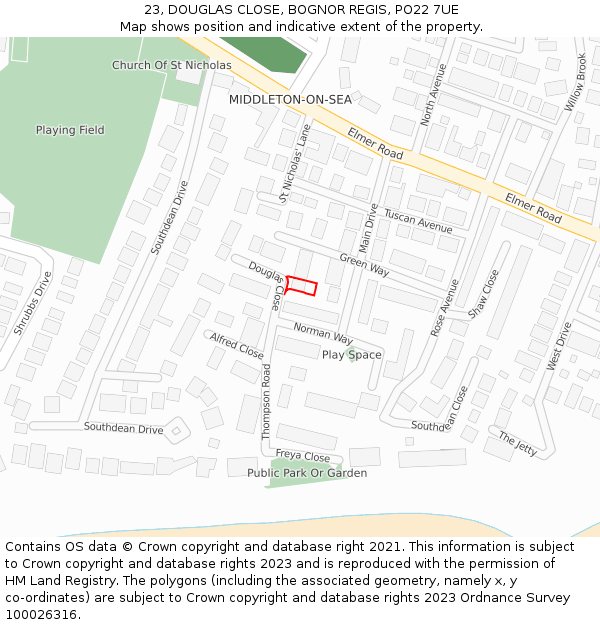 23, DOUGLAS CLOSE, BOGNOR REGIS, PO22 7UE: Location map and indicative extent of plot