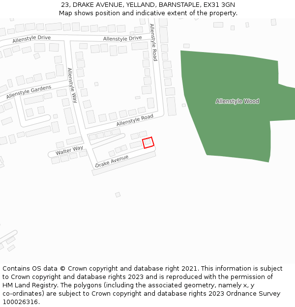 23, DRAKE AVENUE, YELLAND, BARNSTAPLE, EX31 3GN: Location map and indicative extent of plot