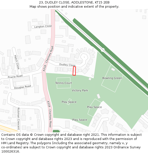 23, DUDLEY CLOSE, ADDLESTONE, KT15 2EB: Location map and indicative extent of plot