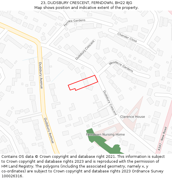 23, DUDSBURY CRESCENT, FERNDOWN, BH22 8JG: Location map and indicative extent of plot