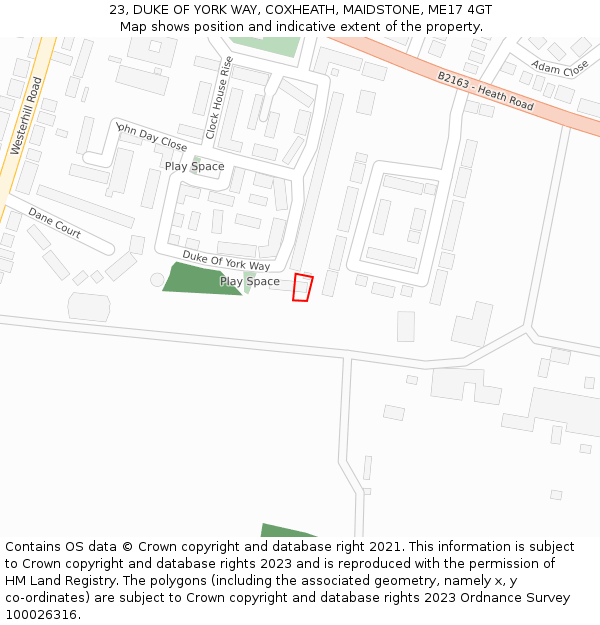 23, DUKE OF YORK WAY, COXHEATH, MAIDSTONE, ME17 4GT: Location map and indicative extent of plot