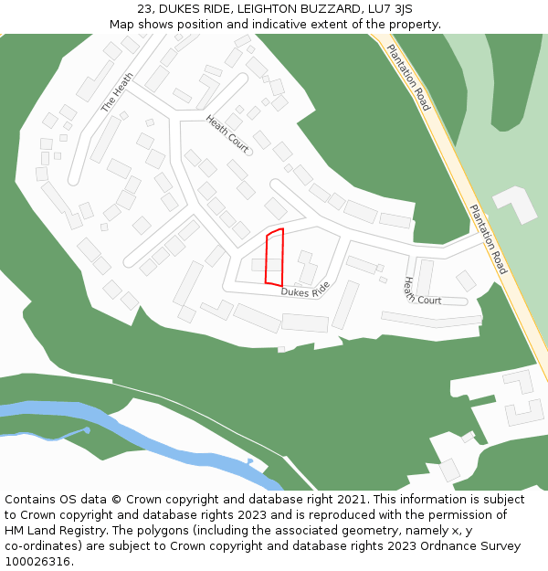 23, DUKES RIDE, LEIGHTON BUZZARD, LU7 3JS: Location map and indicative extent of plot