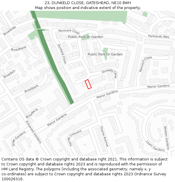 23, DUNKELD CLOSE, GATESHEAD, NE10 8WH: Location map and indicative extent of plot