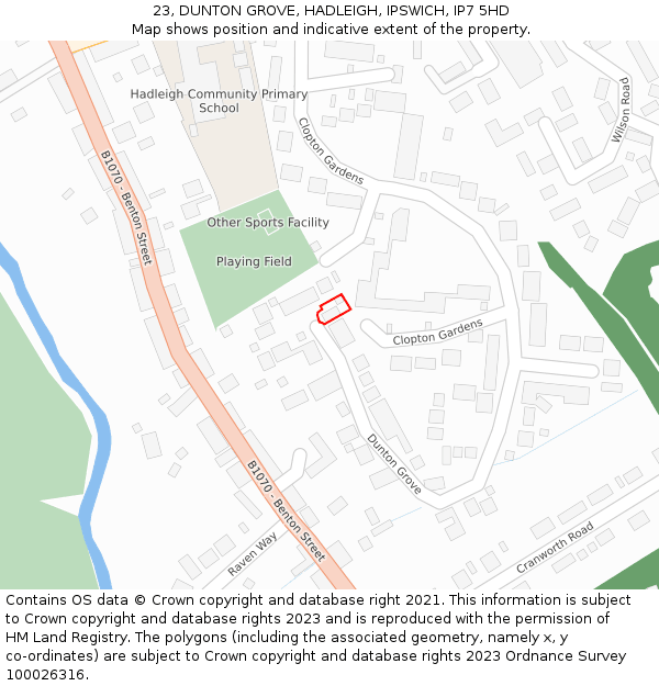23, DUNTON GROVE, HADLEIGH, IPSWICH, IP7 5HD: Location map and indicative extent of plot