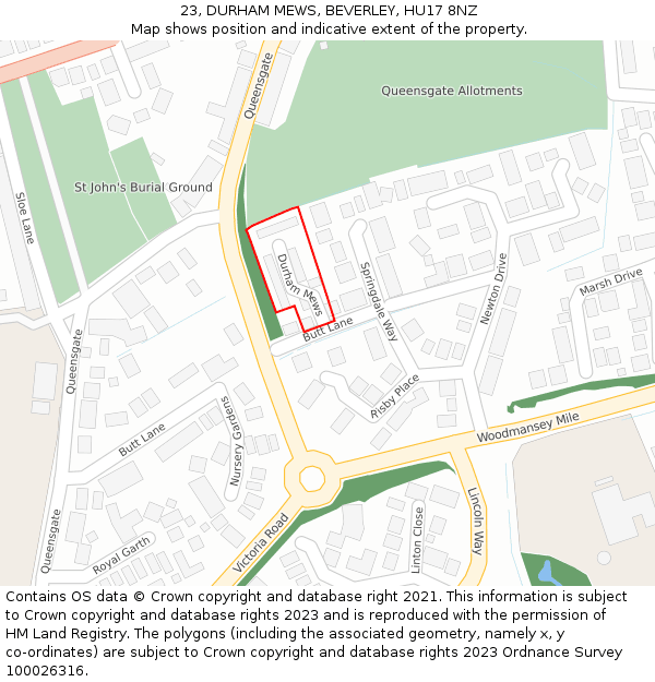 23, DURHAM MEWS, BEVERLEY, HU17 8NZ: Location map and indicative extent of plot