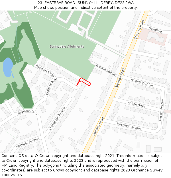 23, EASTBRAE ROAD, SUNNYHILL, DERBY, DE23 1WA: Location map and indicative extent of plot