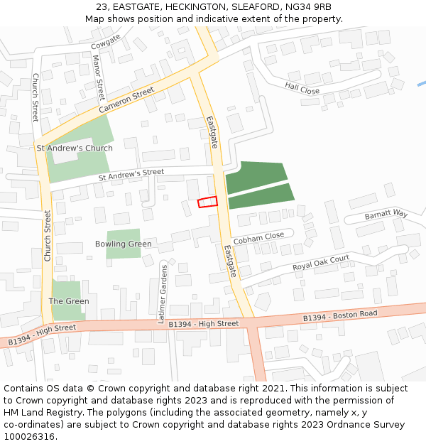 23, EASTGATE, HECKINGTON, SLEAFORD, NG34 9RB: Location map and indicative extent of plot