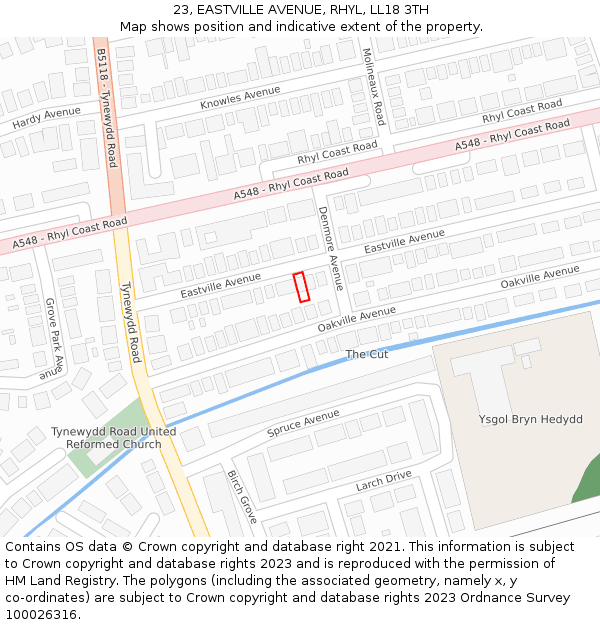 23, EASTVILLE AVENUE, RHYL, LL18 3TH: Location map and indicative extent of plot