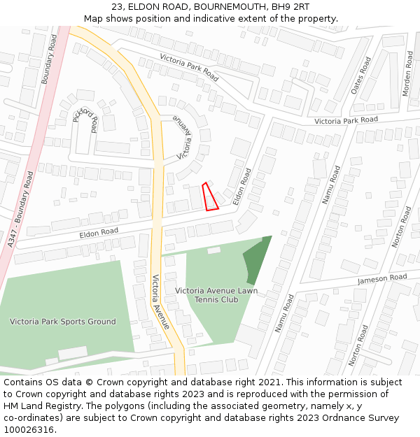 23, ELDON ROAD, BOURNEMOUTH, BH9 2RT: Location map and indicative extent of plot