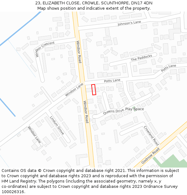 23, ELIZABETH CLOSE, CROWLE, SCUNTHORPE, DN17 4DN: Location map and indicative extent of plot