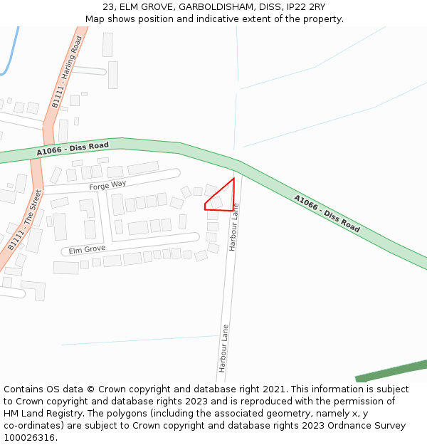 23, ELM GROVE, GARBOLDISHAM, DISS, IP22 2RY: Location map and indicative extent of plot