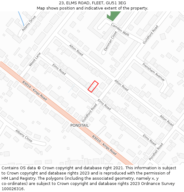 23, ELMS ROAD, FLEET, GU51 3EG: Location map and indicative extent of plot