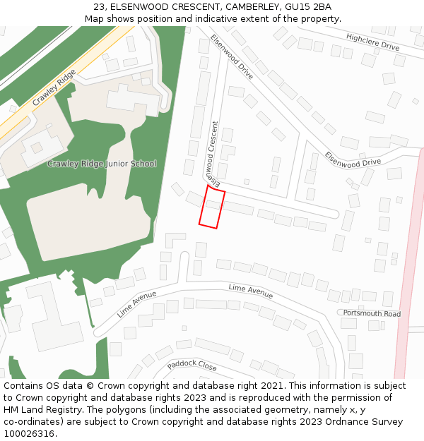 23, ELSENWOOD CRESCENT, CAMBERLEY, GU15 2BA: Location map and indicative extent of plot