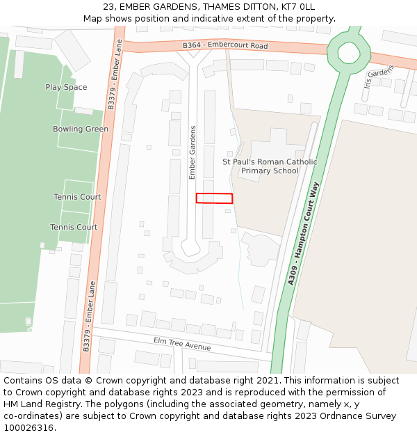 23, EMBER GARDENS, THAMES DITTON, KT7 0LL: Location map and indicative extent of plot