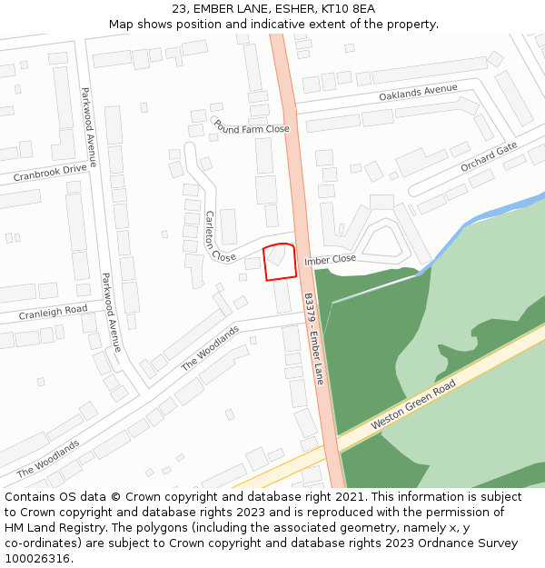 23, EMBER LANE, ESHER, KT10 8EA: Location map and indicative extent of plot