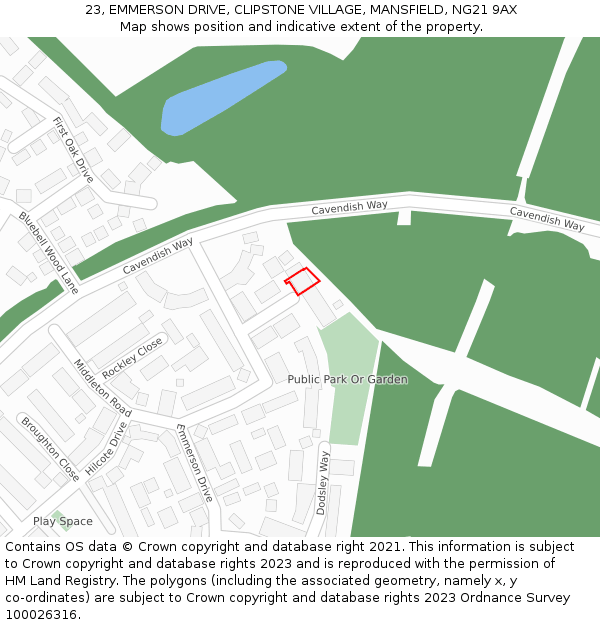 23, EMMERSON DRIVE, CLIPSTONE VILLAGE, MANSFIELD, NG21 9AX: Location map and indicative extent of plot