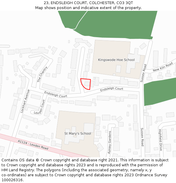 23, ENDSLEIGH COURT, COLCHESTER, CO3 3QT: Location map and indicative extent of plot