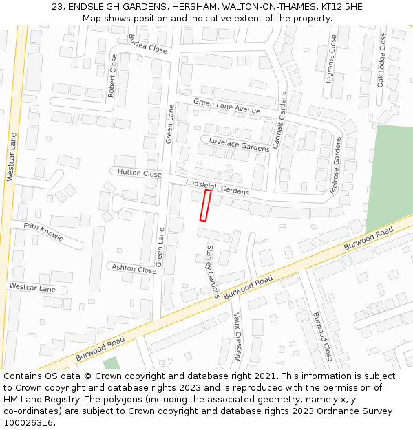 23, ENDSLEIGH GARDENS, HERSHAM, WALTON-ON-THAMES, KT12 5HE: Location map and indicative extent of plot