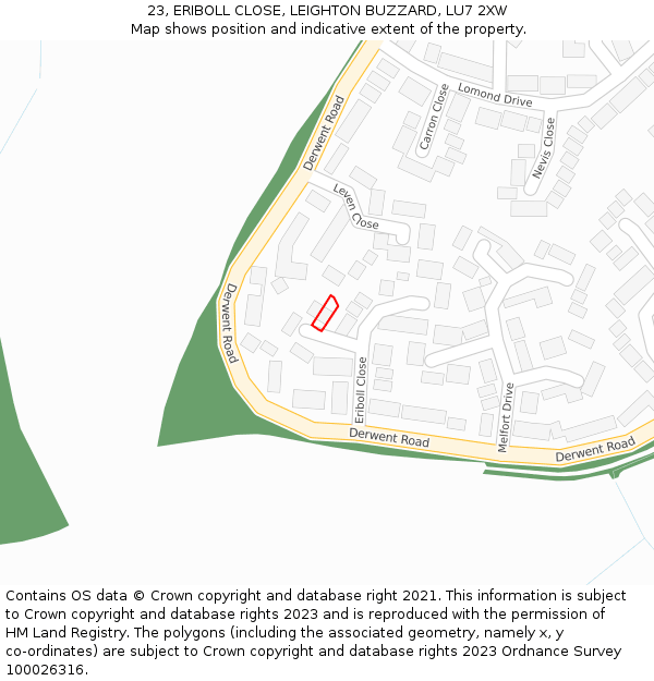 23, ERIBOLL CLOSE, LEIGHTON BUZZARD, LU7 2XW: Location map and indicative extent of plot